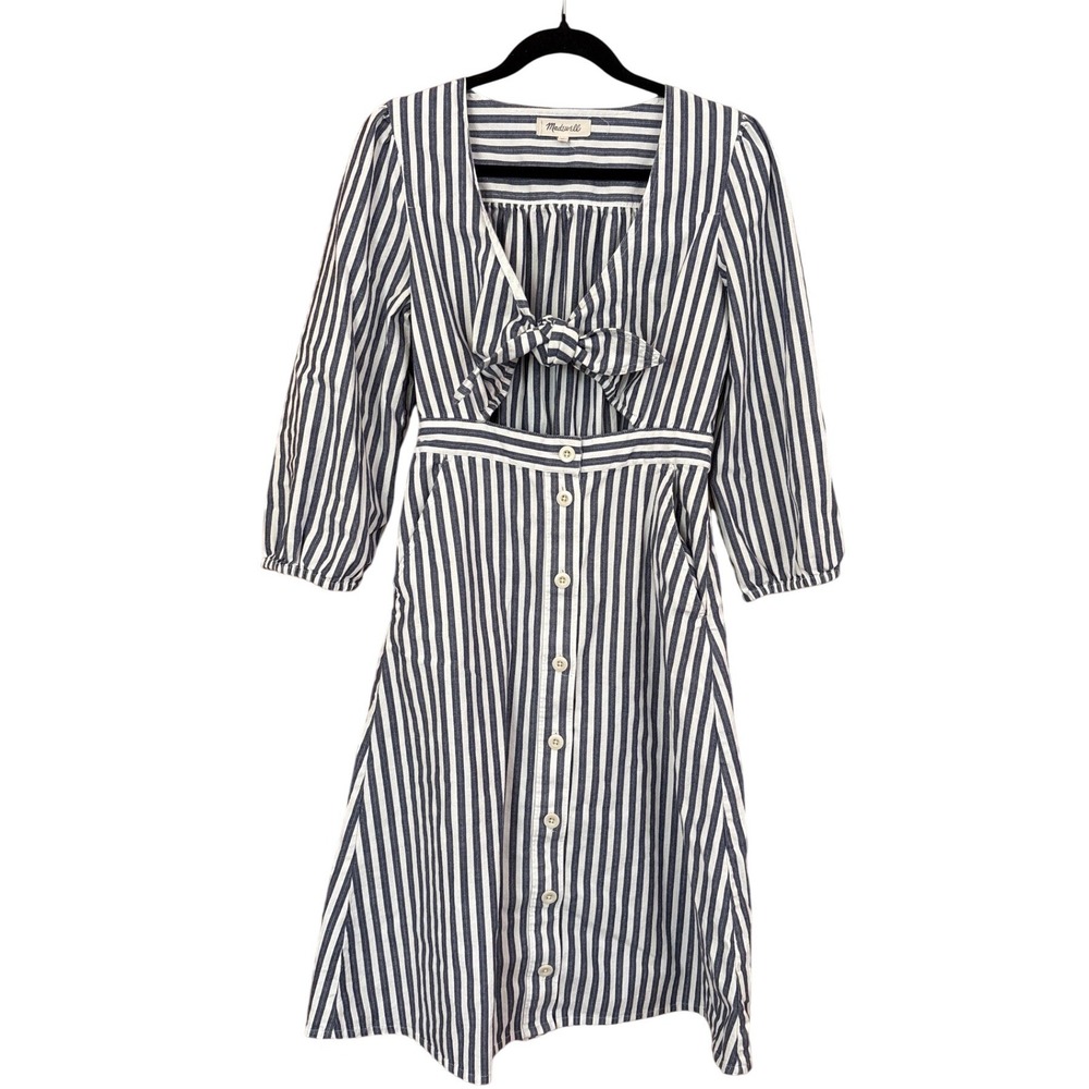 Madewell Midi Dress Womens Blue White Striped Tie Front Cutout Button SIZE 10